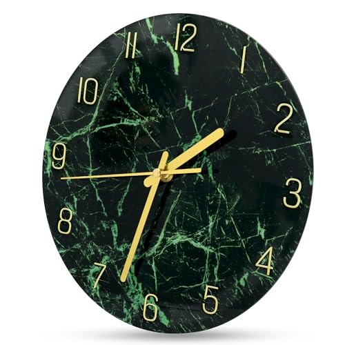 VIKMARI 12inch Emerald Green Abstract Marble Glass Wall Clock Kitchen Decor | Silent Non Ticking Battery Operated Round Analog Clock Golden Arab Numerals Living Room,Office Decor - color: Dark Green, size: 12 Inch