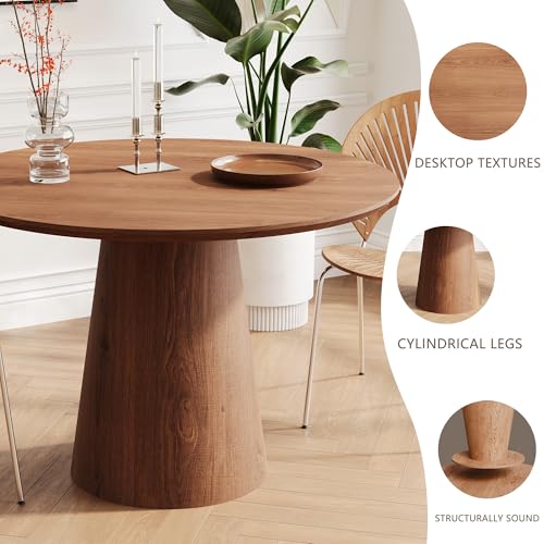 43" Round Dining Table Modern for 4, Natural Wood Grain Circle Kitchen Table with Cone Wood Pedestal Base, Mid Century Circular Dining Table for Living Room, Walnut - color: 43 Inch Walnut