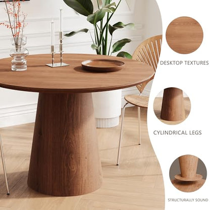 43" Round Dining Table Modern for 4, Natural Wood Grain Circle Kitchen Table with Cone Wood Pedestal Base, Mid Century Circular Dining Table for Living Room, Walnut - color: 43 Inch Walnut
