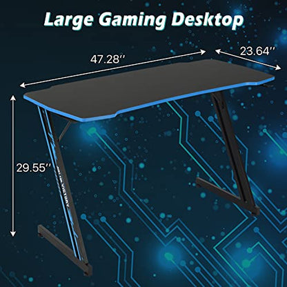 Dkelincs 47 inch Gaming Desk Z-Shaped Computer Desk PC Computer Table Home Office Desk Ergonomic Gamer Workstation with Headphone Hook, Blue - color: Blue, size: 47 Inch