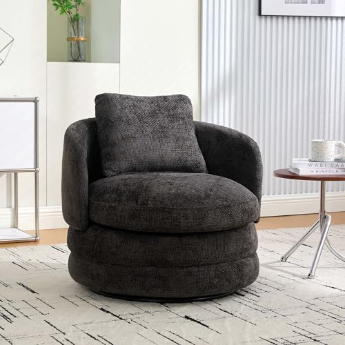 360° Small Swivel Accent Chair, Round Swivel Barrel Chair with Round Backrest & Wide Seat, Comfy Chenille Barrel Chairs for Living Room, Bedroom Easy 15-Min Assembly, Boucle (Dark Gray) - color: Dark Gray