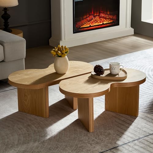 Nesting Coffee Table Set of 2 for Living Room, Couch/Bedroom Side, Butterfly Shaped Unique Cute, 31.49" Wood Irregular Fun Center Table for Small Space - Oak - color: 31.5"&31.5"-oak