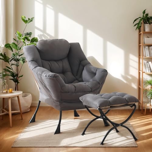 Lazy Chair with Ottoman, Soft Comfy Chair for Bedroom, Grey | Reading Accent Lounge Chair with folding Foot Stool for Living Room Dorm Apartment, sturdy metal frame - color: Dark Grey