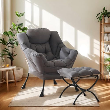 Lazy Chair with Ottoman, Soft Comfy Chair for Bedroom, Grey | Reading Accent Lounge Chair with folding Foot Stool for Living Room Dorm Apartment, sturdy metal frame - color: Dark Grey