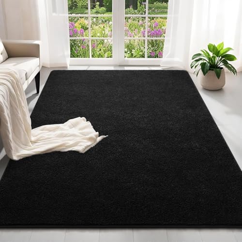 5x7 Feet Black Area Rugs for Bedroom, Indoor Washable Memory Foam Rug for Living Room, Modern Aesthetic Minimalist Non-Slip Carpets for Kids Boys Girls Adults Dorm Home Decor - color: Black, size: 5' x 7' (Rectangular)