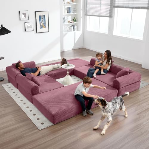 L-Shape Modular Sectional Sofa Bed, Corduroy Boneless Couch, Red | Boneless Couches for Living Room, Sleeper Futon Sofa Bed, Modular Couch with Storage, Pull Out Couch, No Assembly Required - color: Red