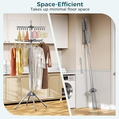 KINGBOARD 2-Tier Clothes Drying Rack, 72" H Drying Rack, 7 Rotatable Arms | 360° Rotatable Arms, 27 Hanger Holes, 24 Clips, Stainless Steel, Tool-Free Setup, Portable for Travel & Home, 30lbs Hold - size: 2 Tier
