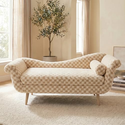 ERYE Upholstered Left Facing Chaise Lounge Chair W/Scroll Arms and Wood Legs, Elegant Chaise Lounge Square Pattern Accent Recliner Lounger Sofa for Living Room Bedroom - color: Pale Camel Faux Fur/L
