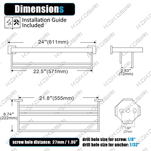 KOKOSIRI Towel Rack 24'' Bathroom Towel Shelves with Double Towel Bars SUS304 Stainless Steel Wall Mounted, Brushed Nickel, B6003BR - color: Brushed Steel, size: 24-Inch