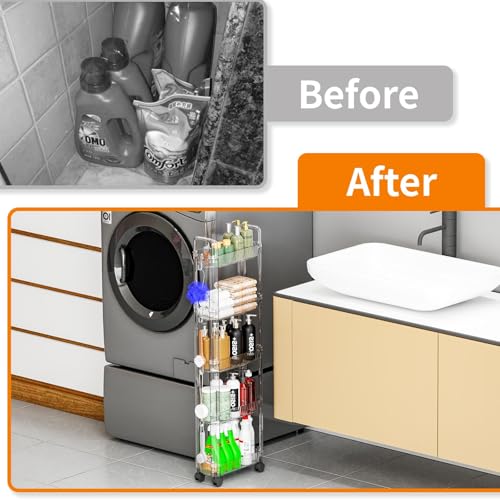3 Tier Slim Rolling Storage Cart with Wheels for Small Space,Clear Modern Design Slim Utility Cart Suitable as Bathroom Cart Organizer Shelf,Skinny Bathroom Storage Rack,Narrow Laundry Cart on Wheels