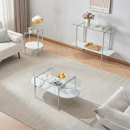 LumFurn Oval Glass Coffee Table, Mid-Century Modern Design for Living Room, L41xW21xH17inch, Clear Glass, White Marble Finish Wood & Silver Finish Frame - color: Oval L41" Silver & White Marble