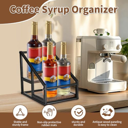 YQBRAO 2-Tier Coffee Syrup Organizer, 4-Bottle Rack, Rustic Brown | Holds 4 bottles in a narrow two-tier footprint for small counters, coffee corners, apartments, and bar carts. - size: 2 Tier 4 Bottle Syrup Rack - 1 Pack