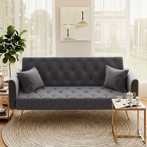 Anwick 72''Modern Velvet Sofa Bed Futon,Convertible Folding Sleeper Couches with 3 Adjustable Backrests,Tufted Recliner Loveseat with Golden Chrome Legs for Living Room Apartment Office (Dark Grey) - color: Dark Grey