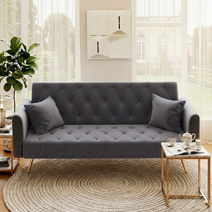 Anwick 72''Modern Velvet Sofa Bed Futon,Convertible Folding Sleeper Couches with 3 Adjustable Backrests,Tufted Recliner Loveseat with Golden Chrome Legs for Living Room Apartment Office (Dark Grey) - color: Dark Grey