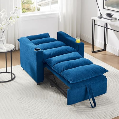 SLEERWAY 3 in 1 Convertible Sleeper Sofa Bed, 36.14" W Easy Pull Out Chair Bed with Dual Cup Holders, Comfy Thick Padding Futon Love Seat with Adjustable Backrest for Living Room Small Space (Blue) - color: Blue, size: 36.14"