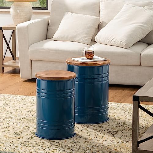 Glitzhome Rustic Storage Ottoman Seat Stool, Farmhouse Nesting End Table, Galvanized Barrel Metal Accent Side Table Toy Box Bin with Round Wood Lid for Living Room, Set of 2, Navy Blue - color: Navy Blue