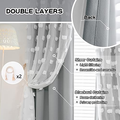 MYSKY HOME Grey Curtains for Bedroom - 54 Inch Long, Double Layer, White Pom Pom, Sheer, Grommet, Darkening, Small Window, 2 Panels, 52 x 54 in - color: Grey, size: 52"W x 54"L (Pack of 2)