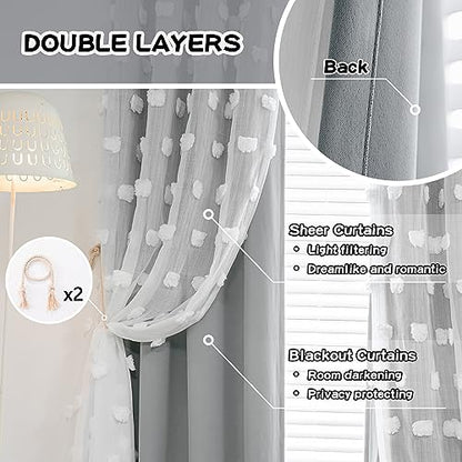 MYSKY HOME Grey Curtains for Bedroom - 54 Inch Long, Double Layer, White Pom Pom, Sheer, Grommet, Darkening, Small Window, 2 Panels, 52 x 54 in - color: Grey, size: 52"W x 54"L (Pack of 2)