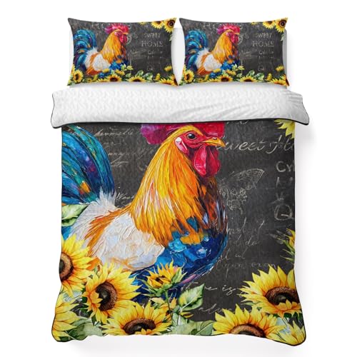 Rustic Sunflower Rooster Retro Blackboard Quilt Set King Size, Lightweight Summer Bedspread,Watercolor Animal Soft Coverlet Bedding Set for All Season - 3 Pieces (1 Quilt,2 Pillow Shams) - color: Black, size: King