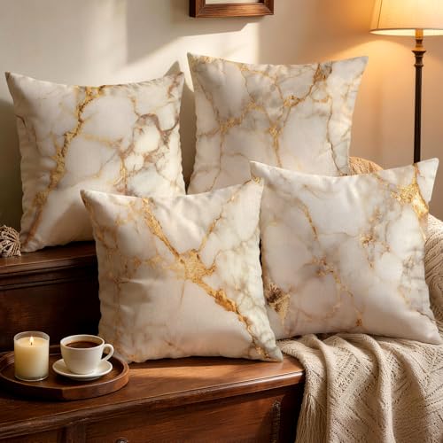 OBSEDE White Gold Marble Decorative Throw Pillow Covers 18x18 Set of 4 Case | Modern Faux Linen, Elegant Couch Cushion Decoration, Single-Sided Art Print, Invisible Zipper, Cozy Sofa Bed Living Room Gift - color: Gold Foil Marble, size: 18" x 18" (Pack of