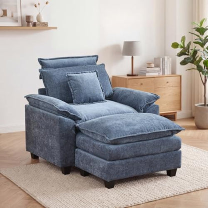 46'' Oversized Chaise Lounge with Ottoman, Cloud Deep Seat Accent Sofa Chair with Detachable Headrest, Double Thicked Cushion Lounge Armchair for Living Room, Bedroom, Blue - color: Blue, size: Chaise Lounge Chair
