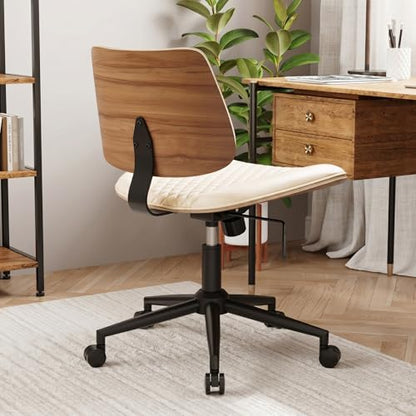 Modern Armless Office Chair with Wheels, Wide Seat Walnut, Beige | Adjustable Swivel Desk Chair with Mid Back & Tilt Function, Faux PU Leather Mid Century Modern Task Office Chair, 300LBS Cap - color: Beige, size: MCM Style Wide Seat