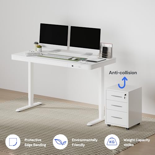 FLEXISPOT Comhar 55" Electric Standing Desk with Drawers, USB Charging Ports, Quick Assembly, Height Adjustable Sit Stand Computer Desk with Child Lock for Modern Minimalist Home Office, White - size: 55"White