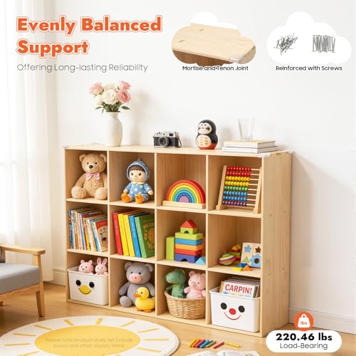 12-Cube Solid Wood Storage Organizer, Open Bookshelf with Back Panel, Vertical or Horizontal Floor Standing Shelf Unit for Living Room Bedroom Office (47.2" L x 11.8" W x 35.4" H) - size: 12-Cube-A
