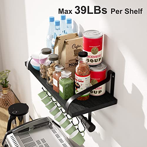 Love-KANKEI 17.3"Floating Wall Shelves Set of 2,Solid Wood,Coffee Bar,Black | Spice Rack,Towel Bar/8 Hooks,39 Lbs/shelf,Easy to Install,For Kitchen,Bathroom,Living Room,Bedroom,Office,Entryway Display - color: Black