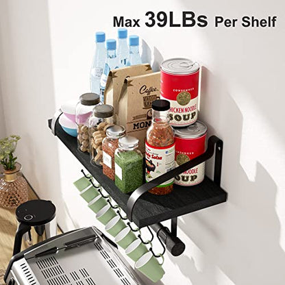 Love-KANKEI 17.3"Floating Wall Shelves Set of 2,Solid Wood,Coffee Bar,Black | Spice Rack,Towel Bar/8 Hooks,39 Lbs/shelf,Easy to Install,For Kitchen,Bathroom,Living Room,Bedroom,Office,Entryway Display - color: Black