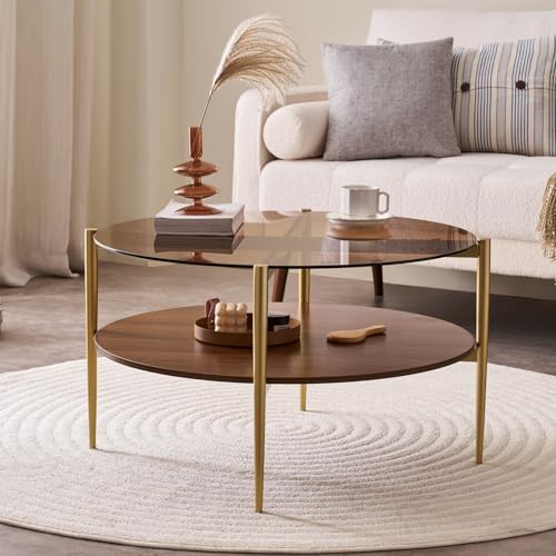LumFurn Round Coffee Table, Mid-Century Modern Design, D30 x H17, for Living Room, 2-Tier Structure, Amber Glass Top and Walnut MDF Shelf, Sleek Conical Metal Legs with Gold Finish - color: D30" Amber & Walnut