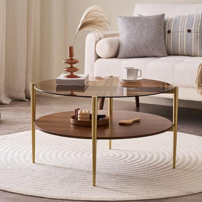 LumFurn Round Coffee Table, Mid-Century Modern Design, D30 x H17, for Living Room, 2-Tier Structure, Amber Glass Top and Walnut MDF Shelf, Sleek Conical Metal Legs with Gold Finish - color: D30" Amber & Walnut