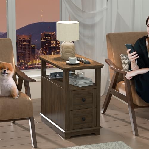 HIFYOBRO Narrow End Table with Flip Top Charging Station and 2 Drawers | Type-C & USB Port & Power outlets, Wooden Storage Cabinet, Side Table with Storage for Living Room and Bedroom - color: Dark Walnut, size: 1 Piece