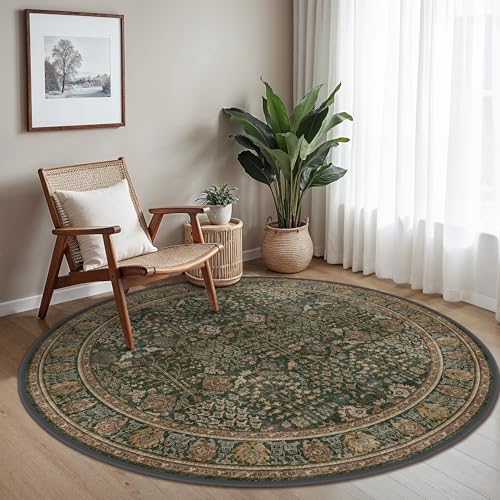 5ft Round Area Rug 5x5, Washable Non Slip, Dark Green Brown | Vintage Floral, Spill Resistant, Lightweight Low Pile Non-Shedding Carpet for Bedroom, Nursery and Dining Room - color: Dark Green Brown, size: 5' (Round)