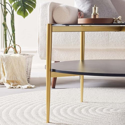 LumFurn Round Coffee Table for Living Room, Mid-Century Modern Design, D30 x H17, 2-Tier Structure, Grey Glass Top and Black Marble Finish Wood Shelf, Sleek Conical Metal Legs with Gold Finish Frame - color: D30" Grey & Black Marble
