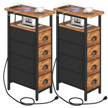 sthmec Nightstand with Charging Station, Narrow Night Stand Set of 2 with 4 Drawers, Skinny Side Table with Fabric Drawers,Slim Sofa Couch Tables for Small Spaces,Living Room,Bedroom,Rustics Brown - color: Rustic Brown, style: Power