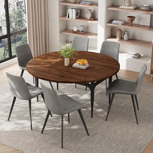 HIPIHOM 55‑Inch Extendable Dining Table Set with 6 Upholstered Chairs and Metal Frame for Dining Room - color: Walnut/Grey-a