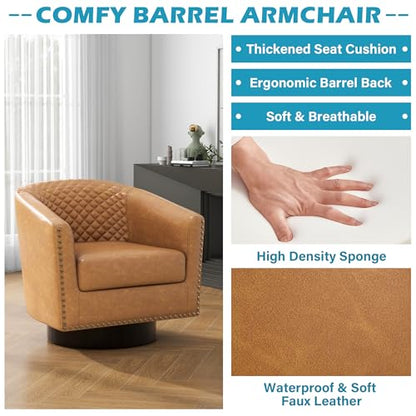 Faux Leather Swivel Accent Chair, Modern Barrel Club Armchair, Coffee | Comfy Living Room Chair, Modern Nailhead Trim Round Armchair Bedroom Reading Seat with Removable Cushion, Wood Frame - color: Retro Coffee