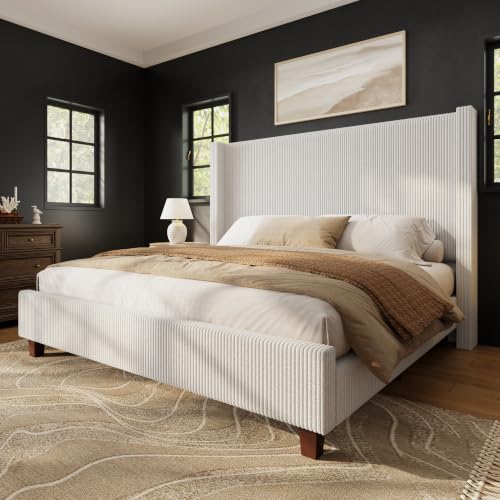 California King Size Bed Frame with Corduroy Wingback Headboard, Cream | Modern Upholstered Platform Bed, 50.8 Inch Tall Profile, Solid Wood Slats, No Box Spring Needed, Noise-Reducing Designrt - color: Cream, size: California King