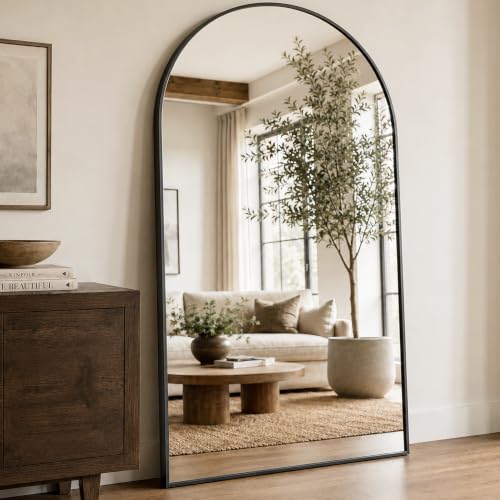 90''x46'' Oversized Full Length Mirrors, Arched Floor Mirror with Stand, Full Body Large Oversized Standing Mirror/Leaning/Hanging Wall Mounted for Living Room, Bedroom, Black - color: Black, size: 90"L x 46"W