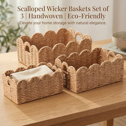 Scalloped Wicker Baskets Set of 3, Hand-Woven Storage with Handles | set of 3 tan scalloped baskets with handles. Hand-woven paper rope for shelves, bathroom or closet. Stackable, sturdy. - color: Tan