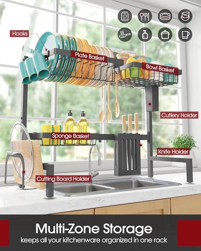 Sakugi Over The Sink Dish Drying Rack - Adjustable 2 Tier Large Capacity Stainless Steel Drainer with Cutlery & Utensil Holders, Kitchen Storage & Organization, 30"-33.9" L x 11" W x 21.5" H, Gray - color: Gray, size: Standard - 3 Baskets