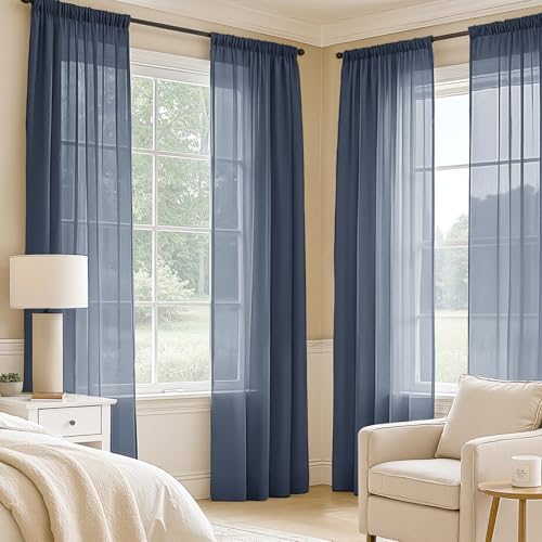 MIULEE Navy Blue Sheer Curtains 84 Inches Long 4 Panels 42 x 84 Inches | Light Filtering, Rod Pocket, Voile Drapes, Living Room, Bedroom, Window Treatments - color: Navy Blue, size: 42"W x 84"L (Pack of 4)
