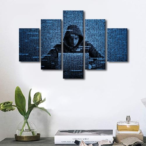 5 Pieces Wall Art Hacker in Data Security Wall Pictures for Living Room Hacker Using Laptop Home Decor Hacking the Internet Poster Prints on Canvas Stretched and Framed Ready to Hang (60"Wx40"H) - color: Artwork-07, size: 60"Wx40"H