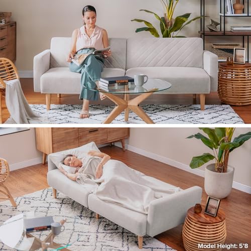 mopio 76.4" Futon Sofa Bed Chevron Styled, Sleeper Couch (Apricot Velvet) | Reclines flat in one motion for overnight visitors; retro tapered legs and a slim build save space. - color: Apricot Velvet