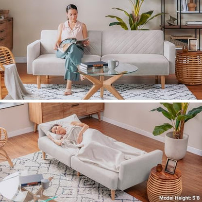 mopio 76.4" Futon Sofa Bed Chevron Styled, Sleeper Couch (Old Rosa Velvet) | Reclines flat for surprise sleepovers; space-savvy design and tapered legs add mid-century warmth. - color: Old Rosa Velvet