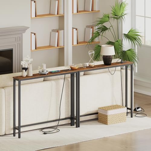 HOOBRO 39.4 Inch Narrow Console Table with Power Outlets, 5.9 Inch Sofa Table with Storage, Skinny Behind Couch Table, for Entryway Hallway, Small Spaces, Rustic Brown and Black BF52UXG01G1
