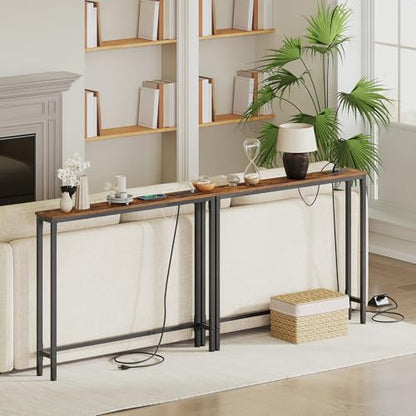HOOBRO 39.4 Inch Narrow Console Table with Power Outlets, 5.9 Inch Sofa Table with Storage, Skinny Behind Couch Table, for Entryway Hallway, Small Spaces, Rustic Brown and Black BF52UXG01G1