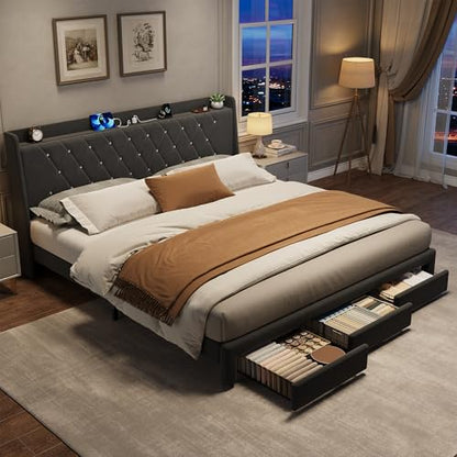 Garvee King Size Bed Frame with Storage, Velvet Upholstered Platform Bed Frame with Crystal Tufted Headboard, Charging Station, 3 Drawers, No Box Spring Needed, Noise-Free,for Bedroom, Dark Gray | Velvet Upholstered Platform Bed Frame with Crystal Tufted