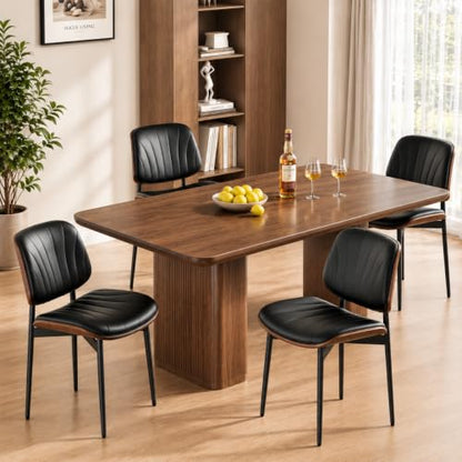 Dining Chairs Set of 2, Mid-Century Modern Upholstered PU Leather Chairs | with Walnut Bentwood Back and Metal Legs Adjustable Feet for Kitchen, Black Shell Strips - color: Black Shell Strips